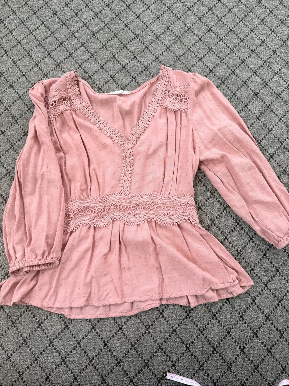 Pink Crochet-Trim V-Neck Peplum Blouse